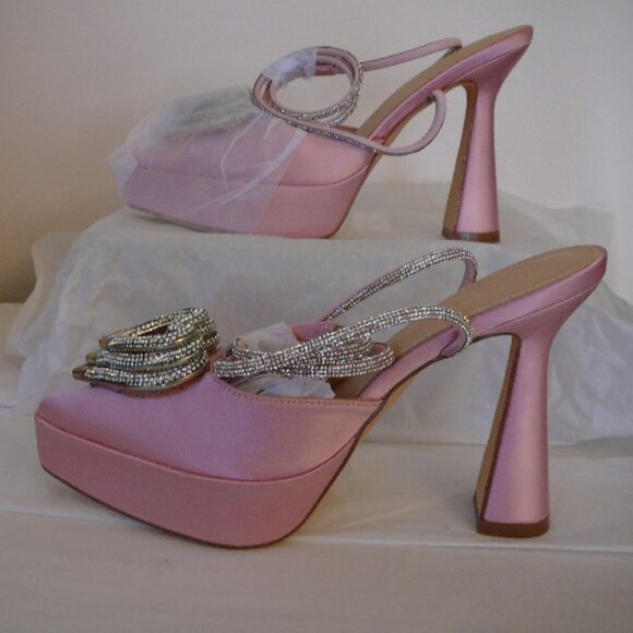 Women's Rose Pink 5" Strappy Platform Heels With 3 Stacked Crystal Hearts-Size 6 - Picture 2 of 10